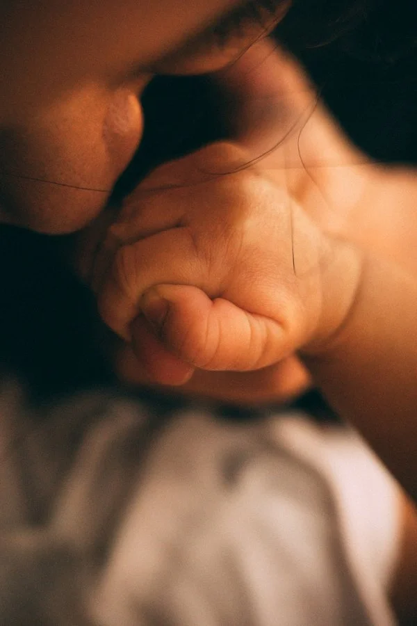 Parent holding a newborn baby's hand in warm natural light