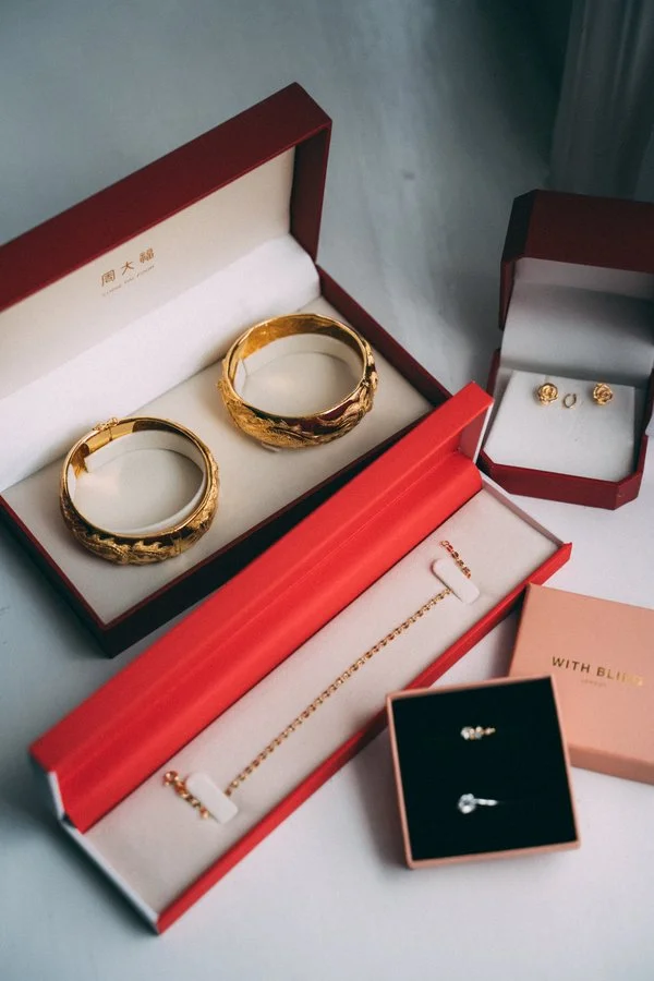 Close-up detail of wedding jewellery and accessories on the day